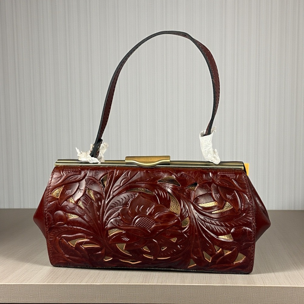 Patricia Nash Leather Clutch Cut Out Tooling Frame British Tan Floral Bag‎ Boho